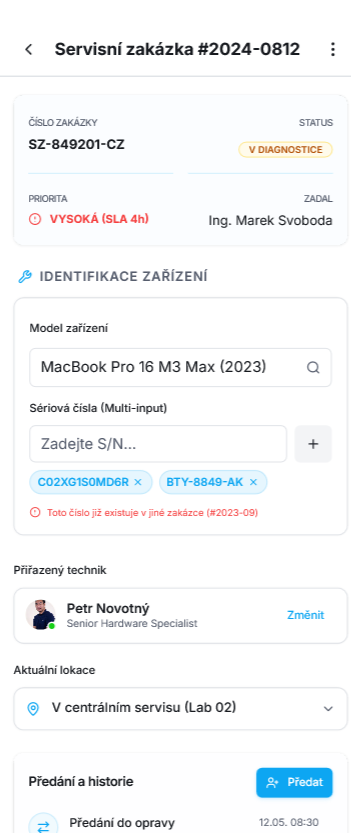 Detail servisní zakázky – mobilní aplikace pro správu IT techniky
