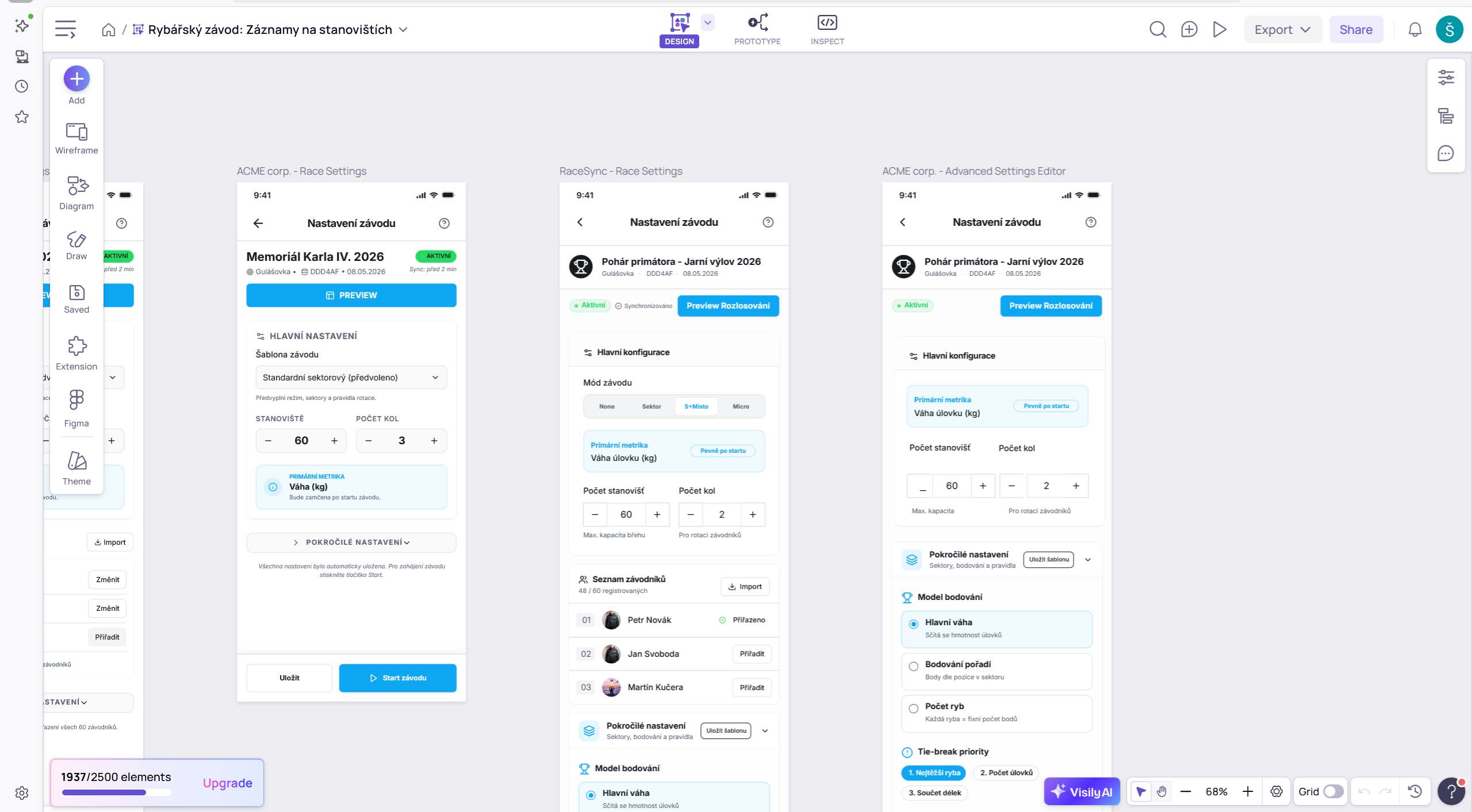 UI návrh aplikace Závody ve Visily.ai – mockupy obrazovky nastavení závodu
